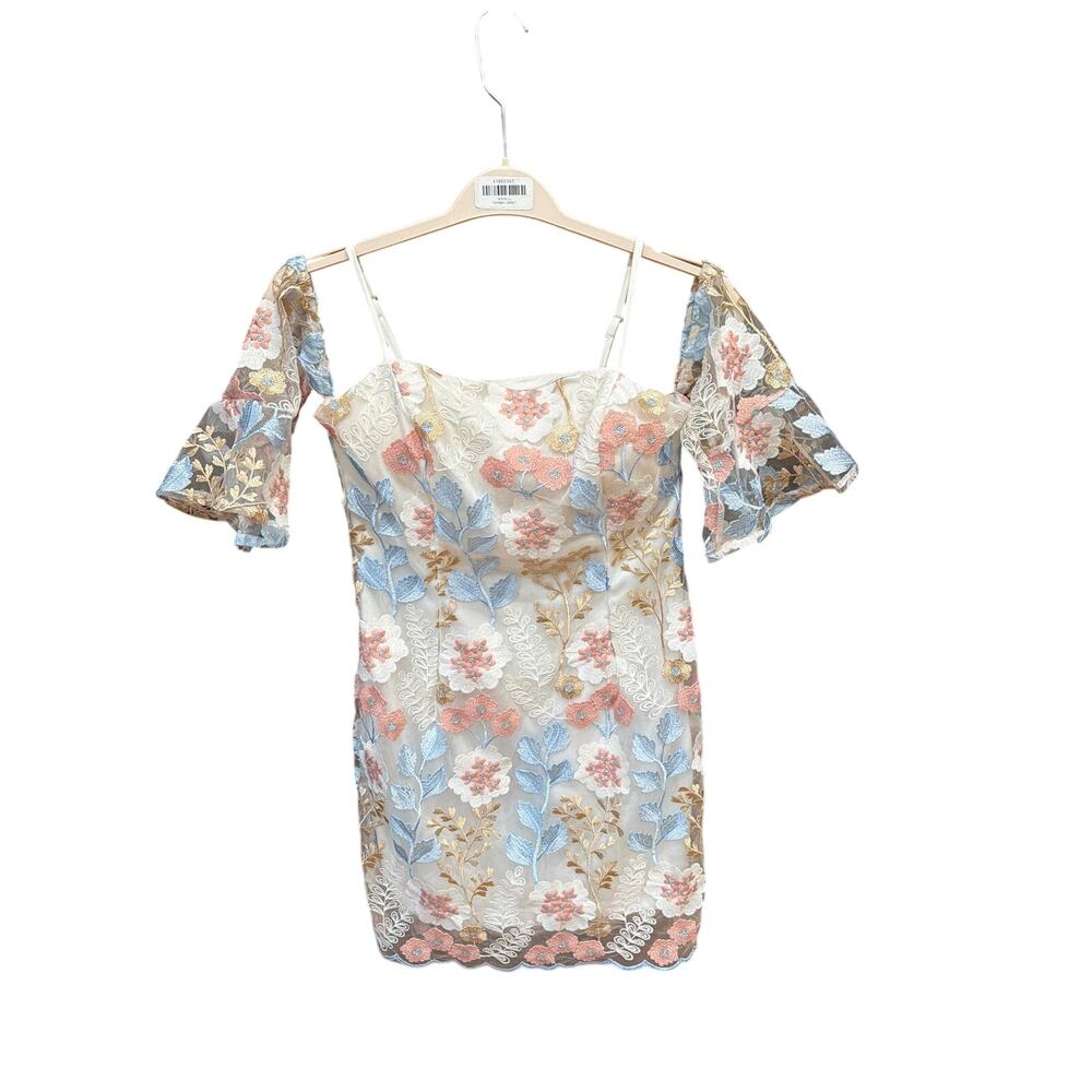 White Lace Floral Overlay Cold Shoulder Cocktail Dress